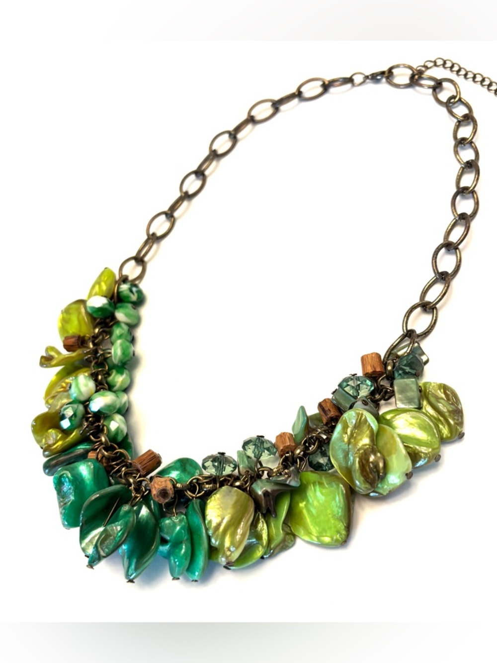vintage green-tone statement necklace clustering fringe organic beads chunky